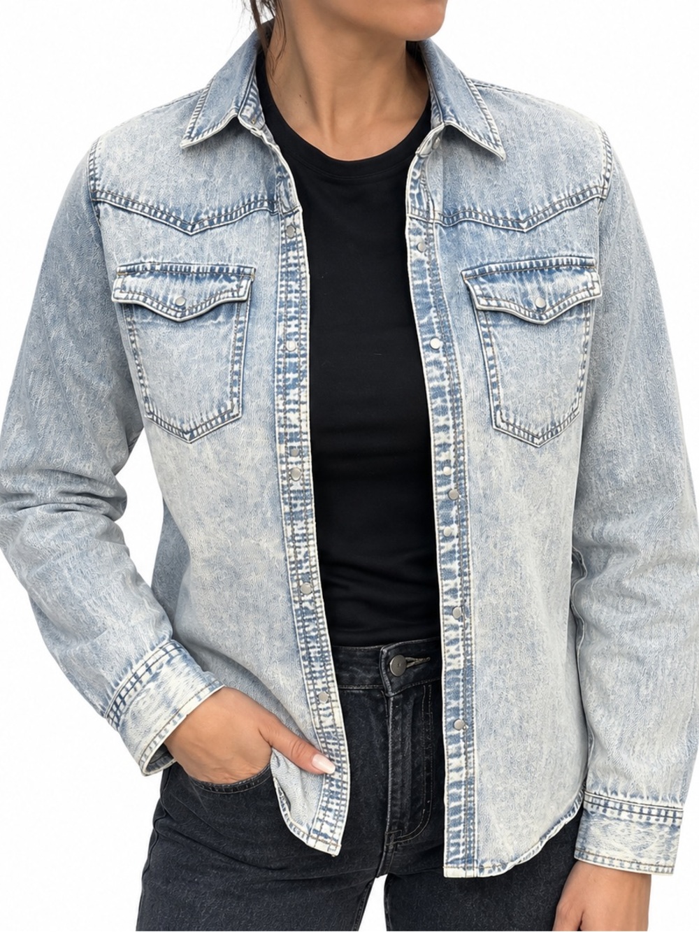 Wild Fable Light Wash Denim Pearl Snap Shacket Shirt Jacket Size S